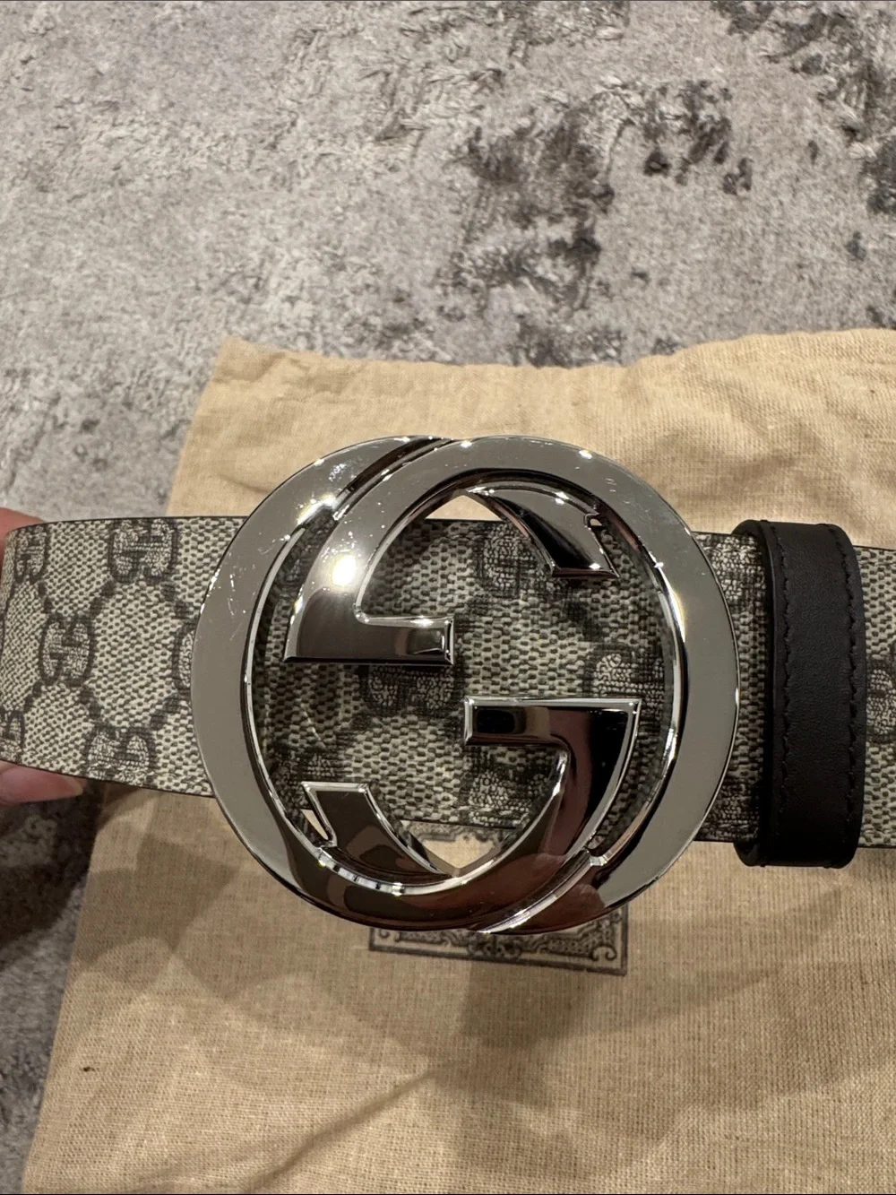 Gucci GG Supreme Monogram Belt in Beige and Brown with Silver Buckle